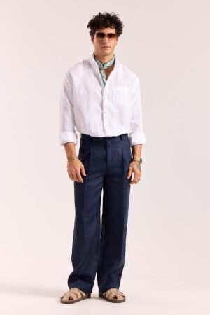 Navy Blue Linen Baggy Fit Trousers