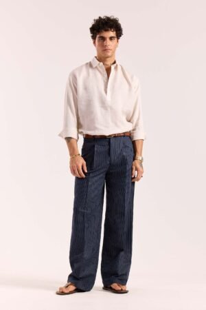 Navy Blue Pinstriped Linen Baggy Fit Trousers