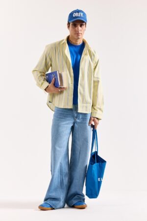 Butter Yellow & Blue Striped Poplin Oversized Shirt
