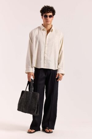 Cream Pinstriped Linen Cropped Shirt