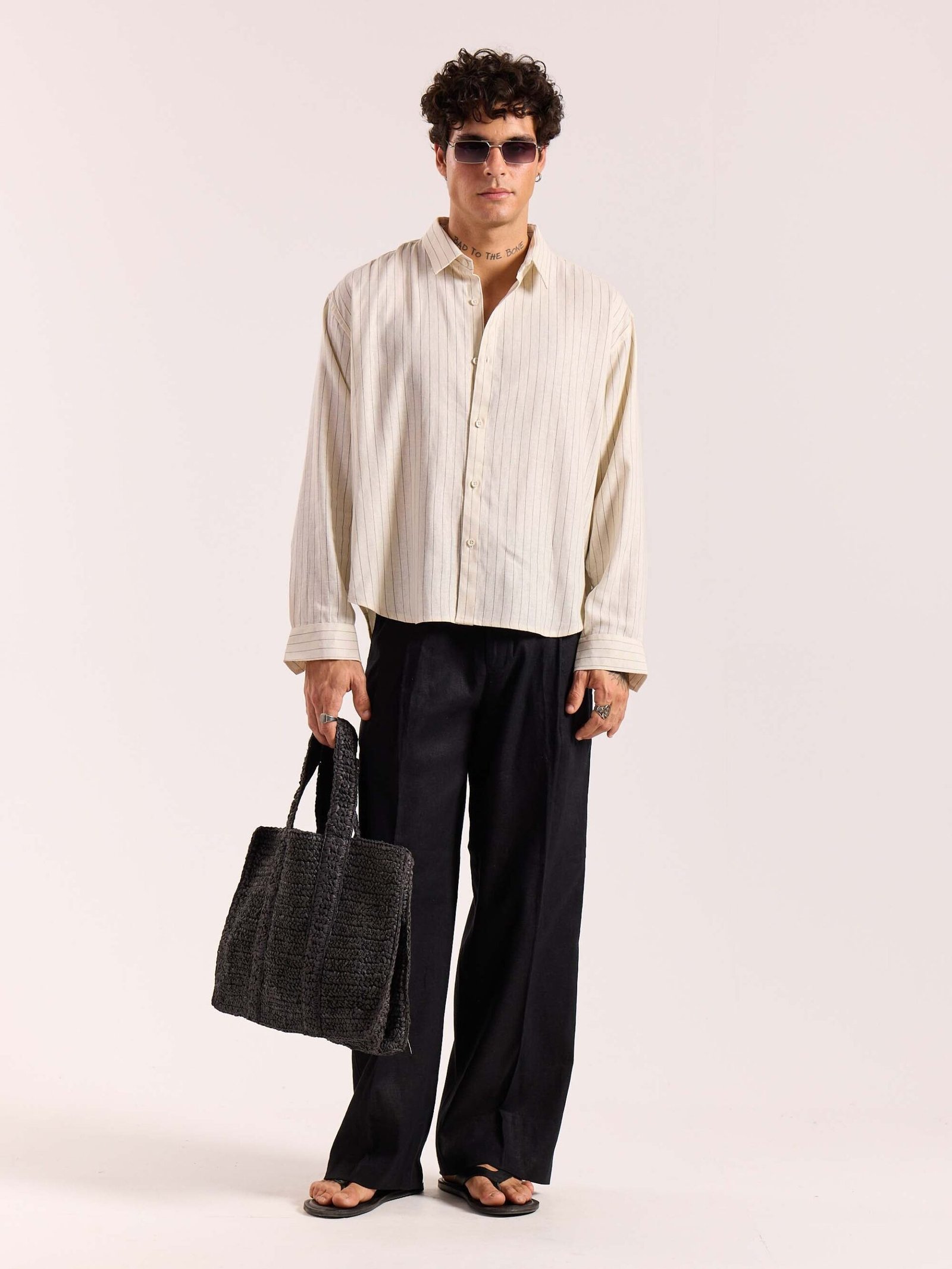 Cream Pinstriped Linen Cropped Shirt