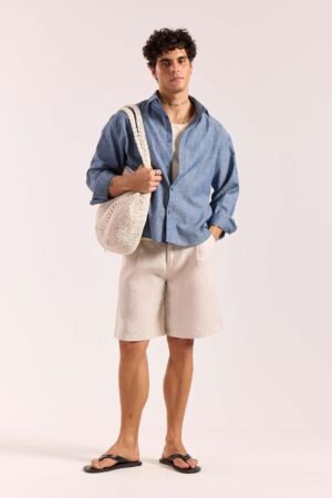 Chambray Blue Linen Cropped Shirt