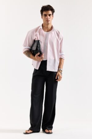 Light Pink Striped Contrast Collar Oversized Shirt