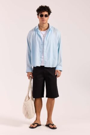Sky Blue Linen Cropped Shirt