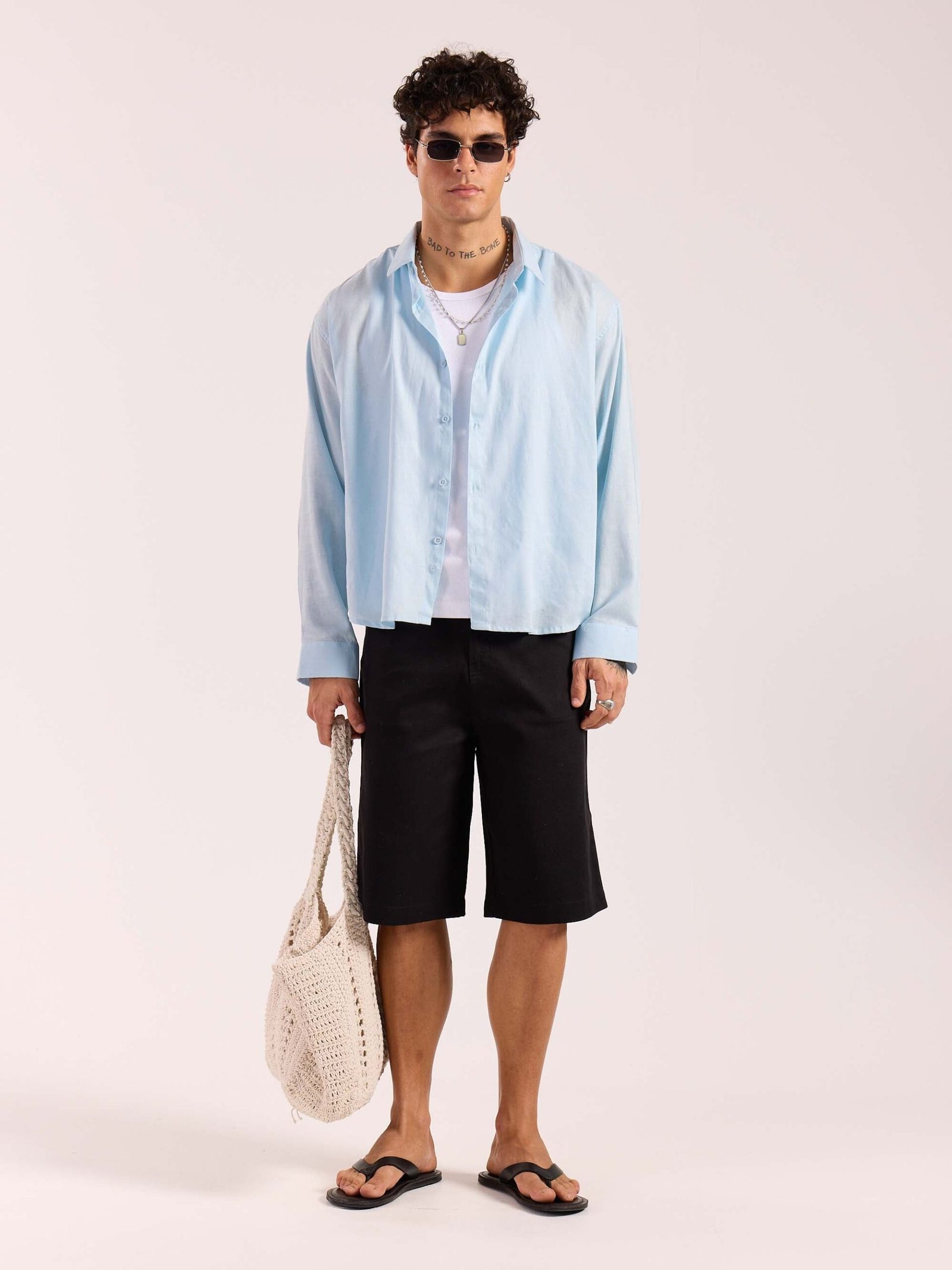 Sky Blue Linen Cropped Shirt