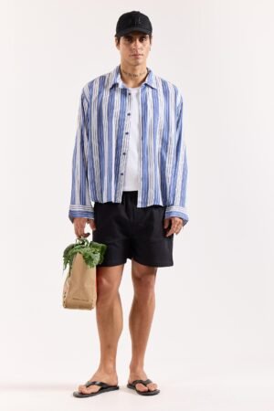 Royal Blue & White Striped Textured Oversized Shirt