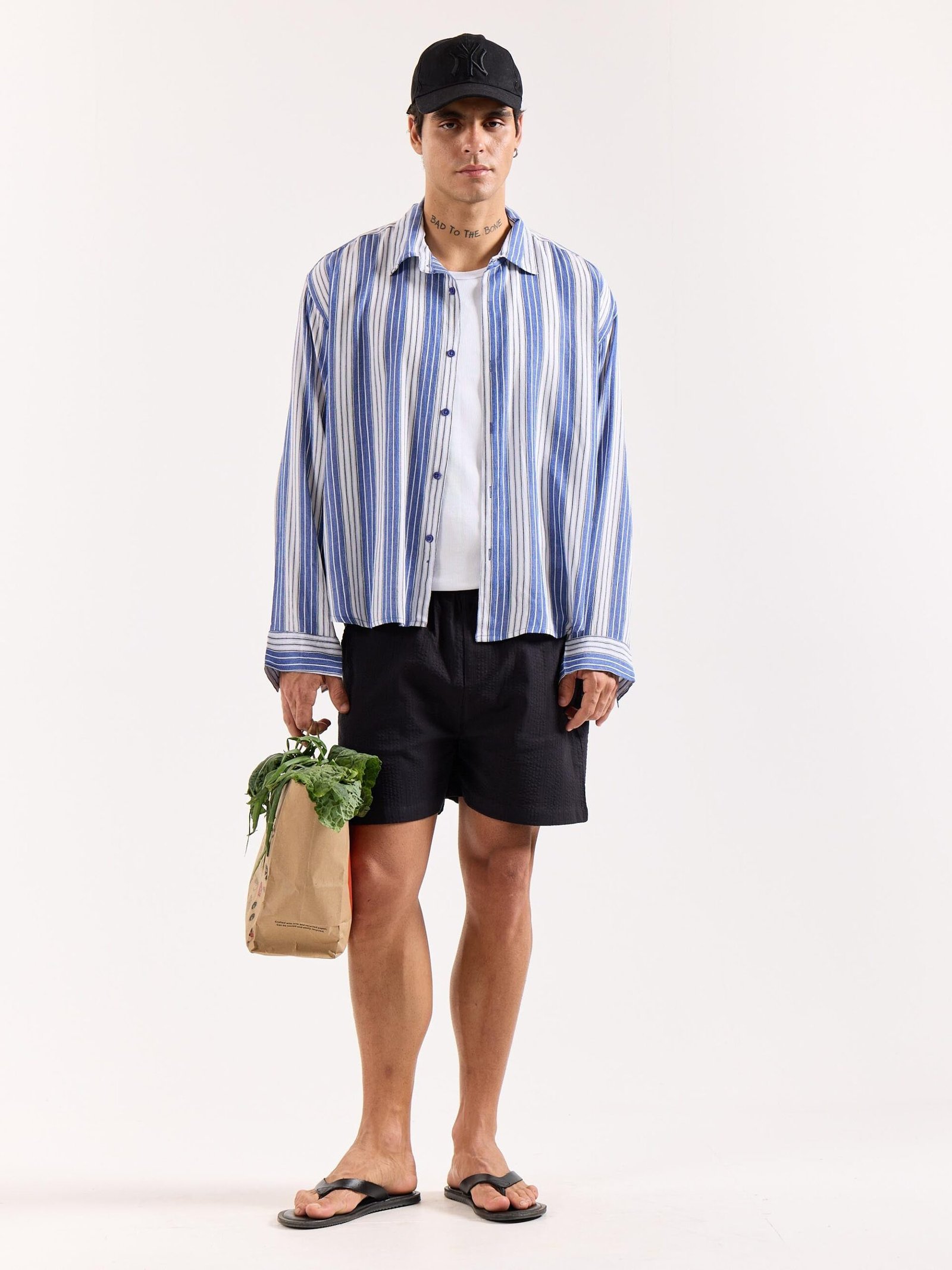 Royal Blue & White Striped Textured Oversized Shirt