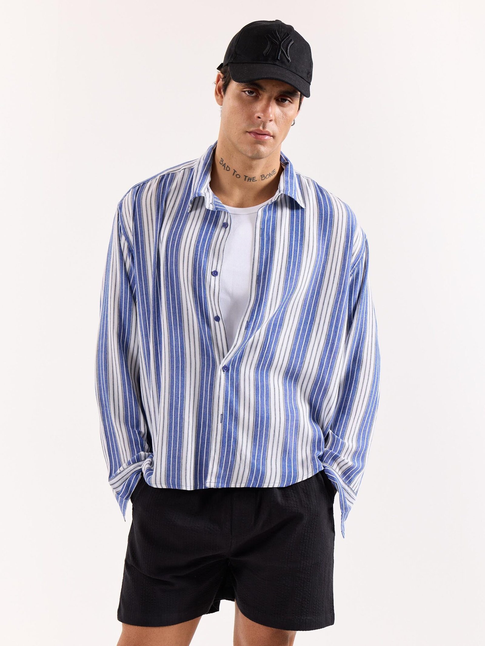 Royal Blue & White Striped Textured Oversized Shirt - Image 3