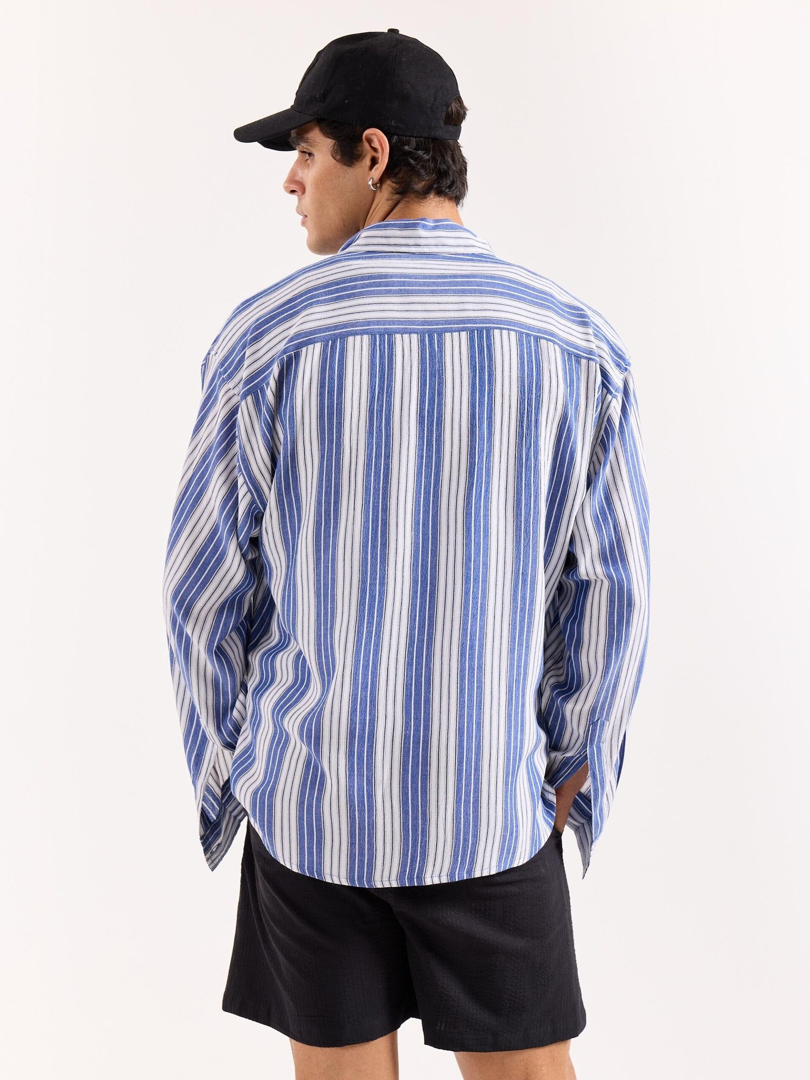Royal Blue & White Striped Textured Oversized Shirt - Image 8