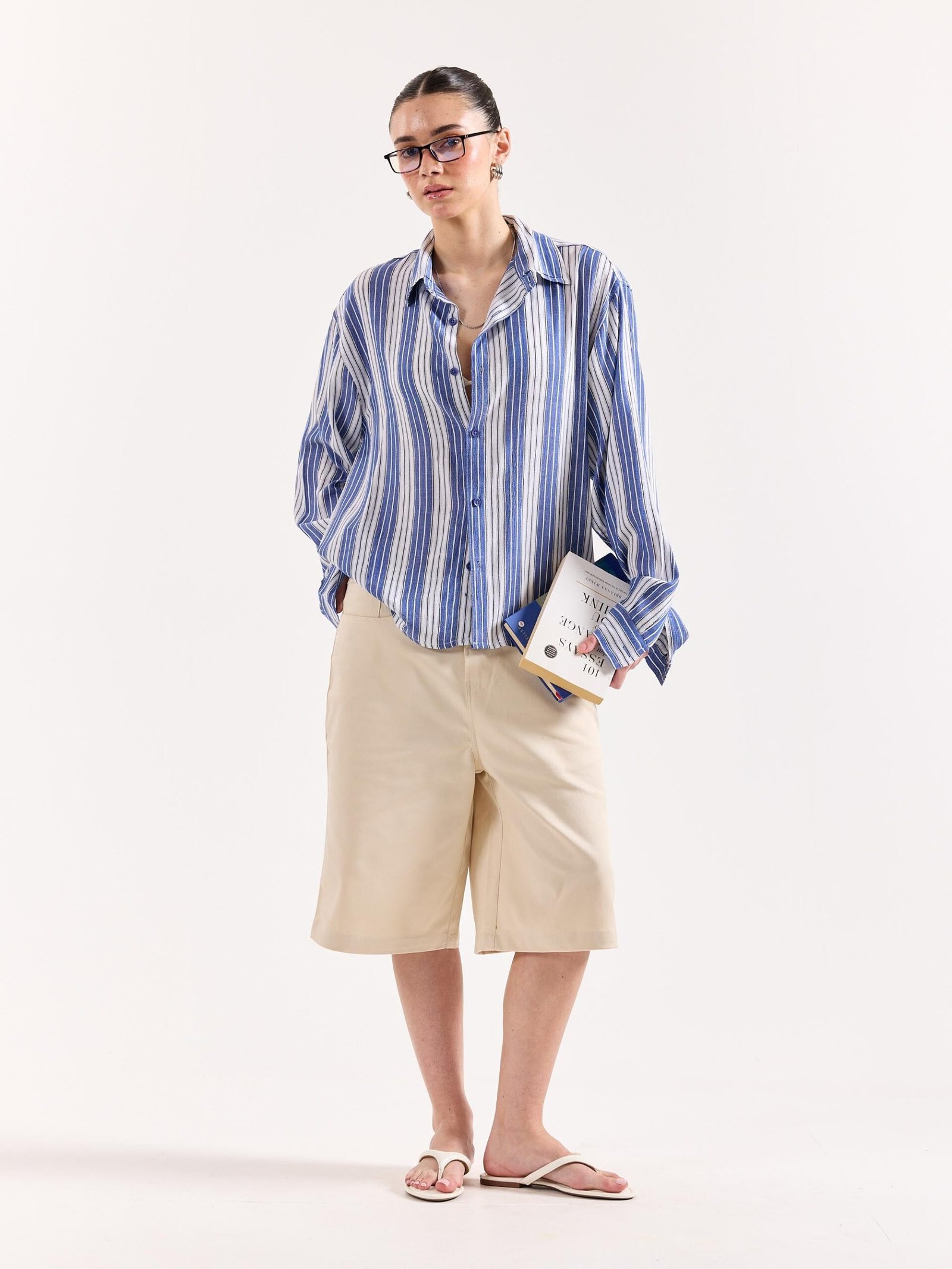 Royal Blue & White Striped Textured Oversized Shirt - Image 2