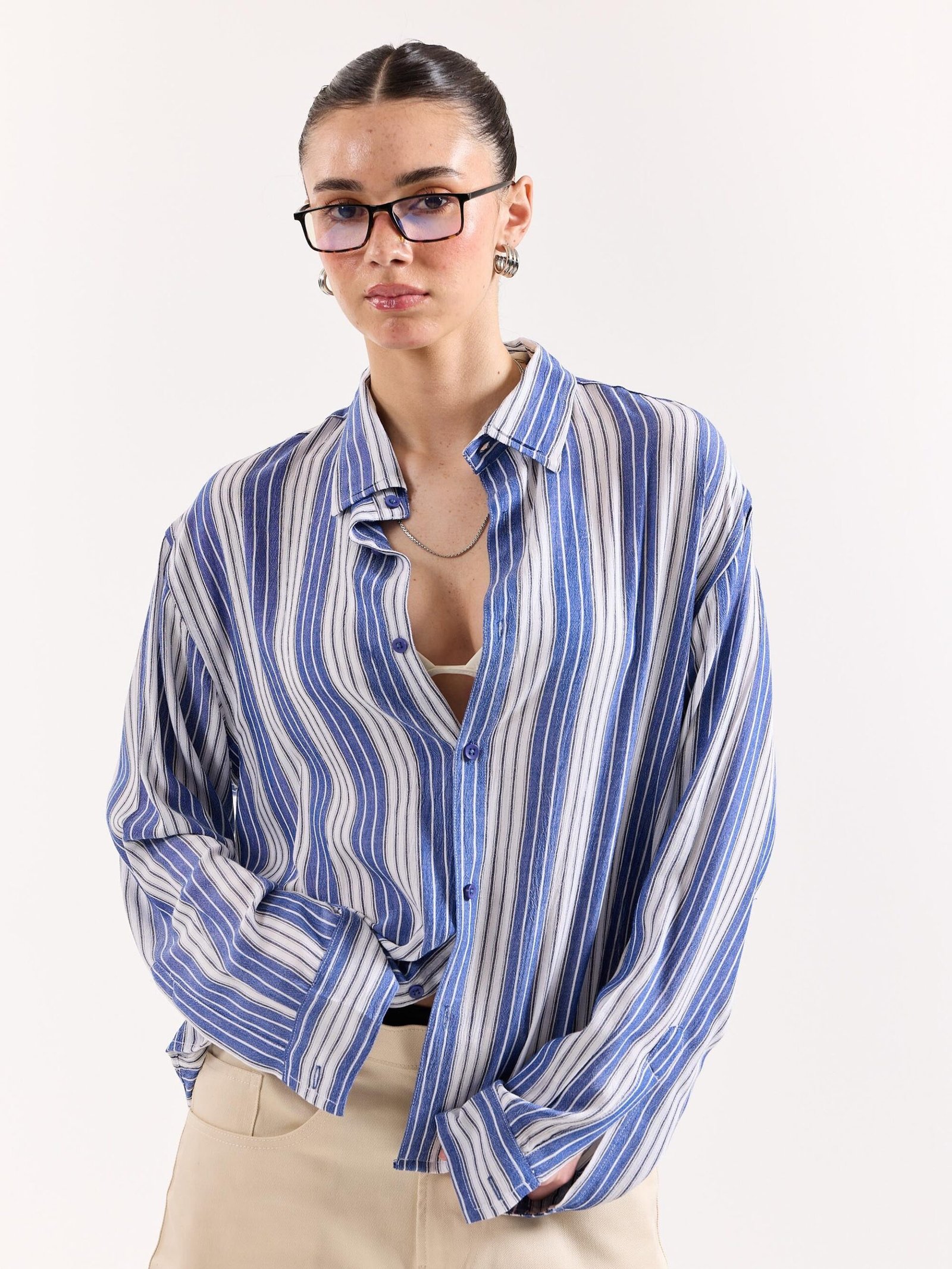 Royal Blue & White Striped Textured Oversized Shirt - Image 4