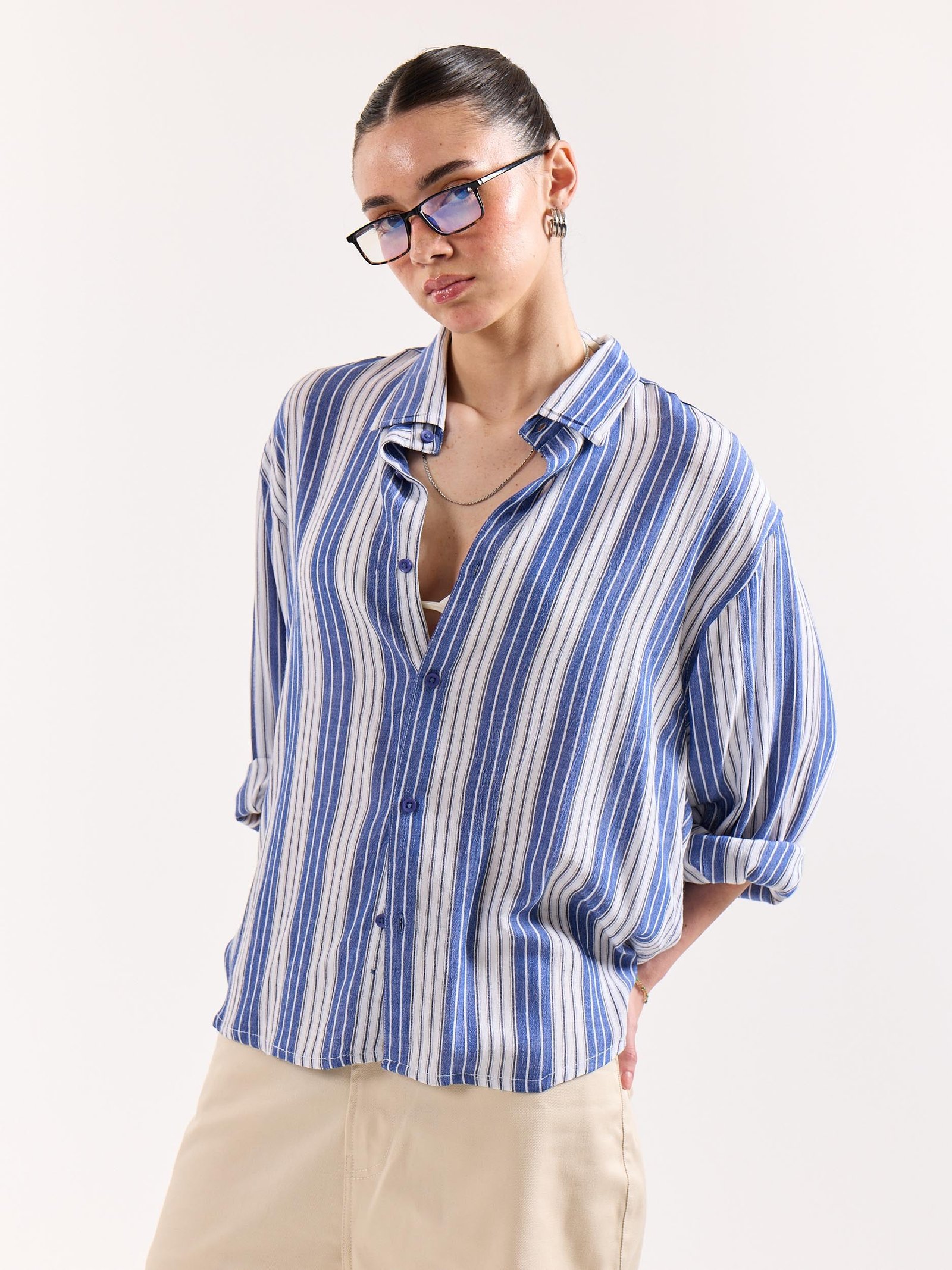 Royal Blue & White Striped Textured Oversized Shirt - Image 7