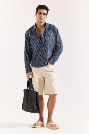 Dark Blue Pinstriped Poplin Oversized Shirt