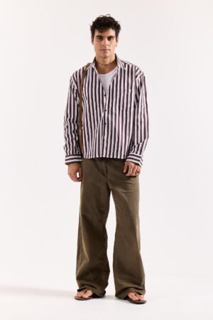 Coffee Brown & White Striped Poplin Oversized Shirt