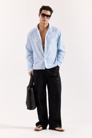 Sky Blue & Black Striped Poplin Oversized Shirt
