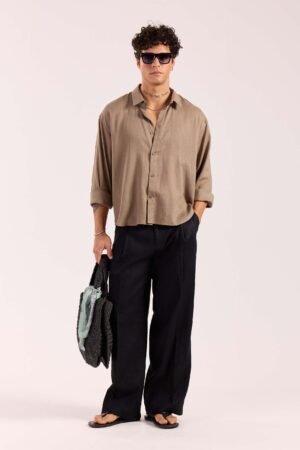 Taupe Linen Cropped Shirt  ( Pre-Order )
