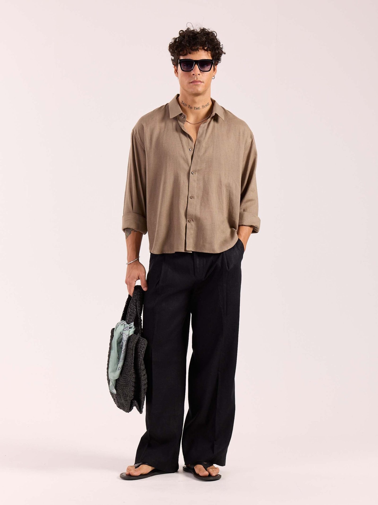 Taupe Linen Cropped Shirt  ( Pre-Order )