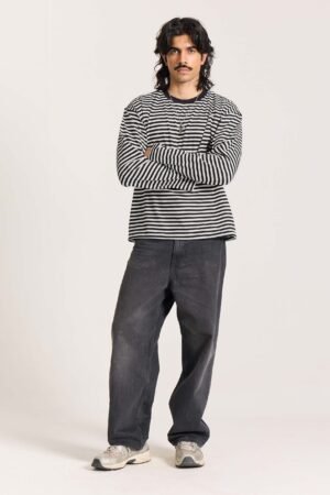 Black Striped Loose Fit Cropped T-Shirt