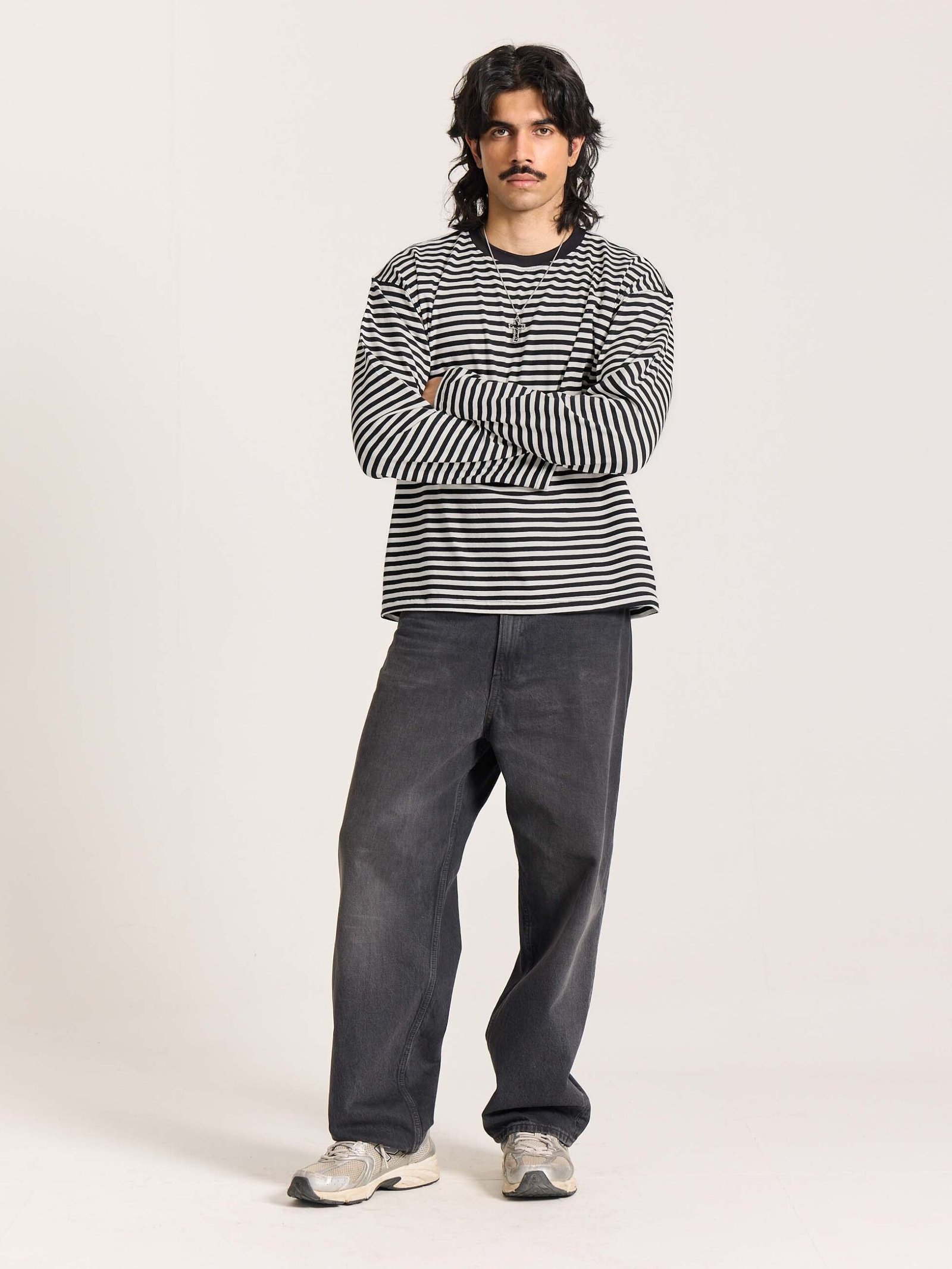 Black Striped Loose Fit Cropped T-Shirt