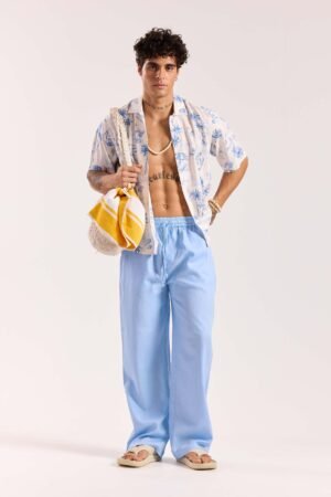 Powder Blue Linen Pull-on Pants