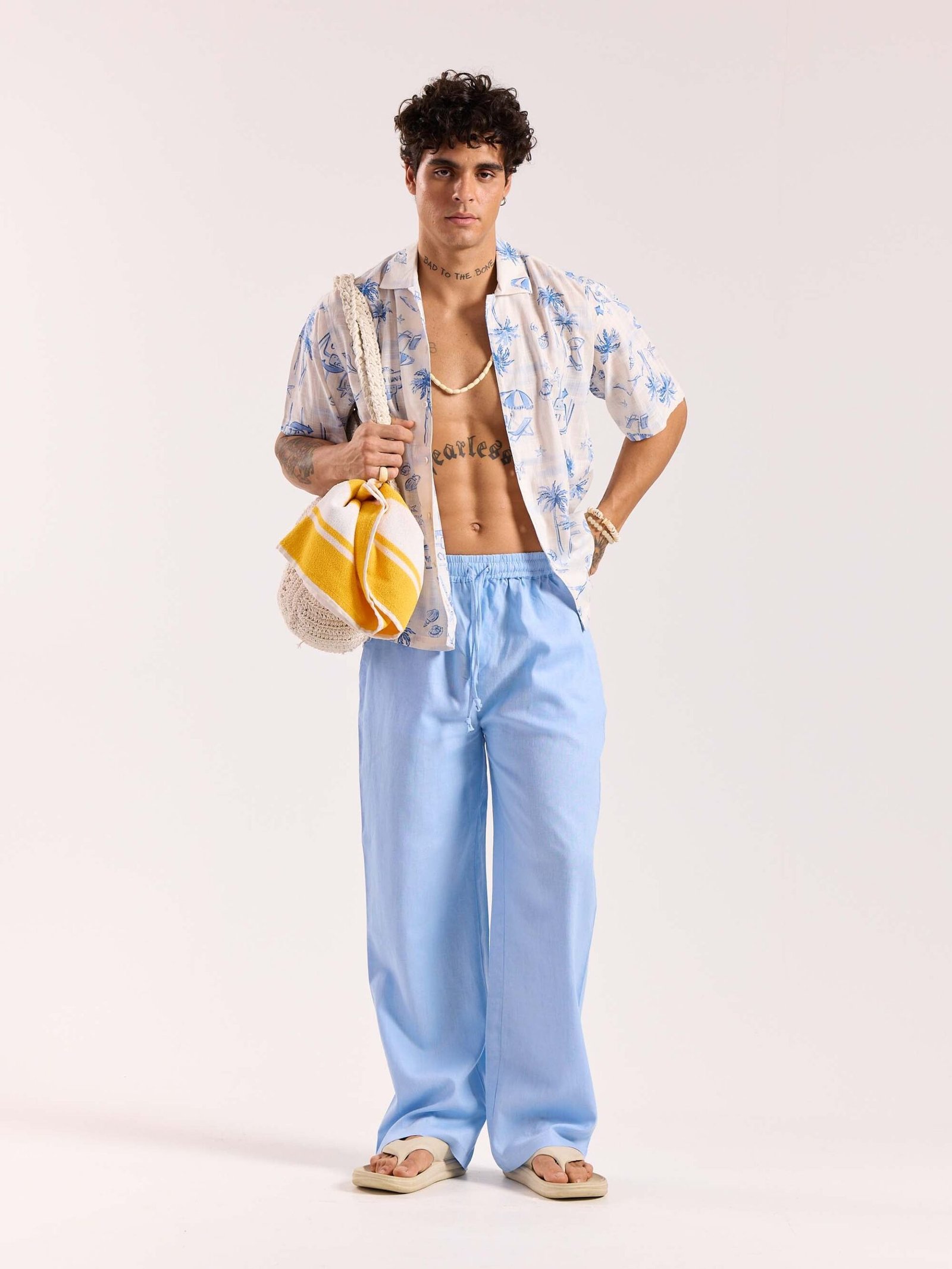 Powder Blue Linen Pull-on Pants