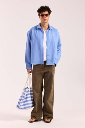 Dark Dusty Blue Linen Cropped Shirt