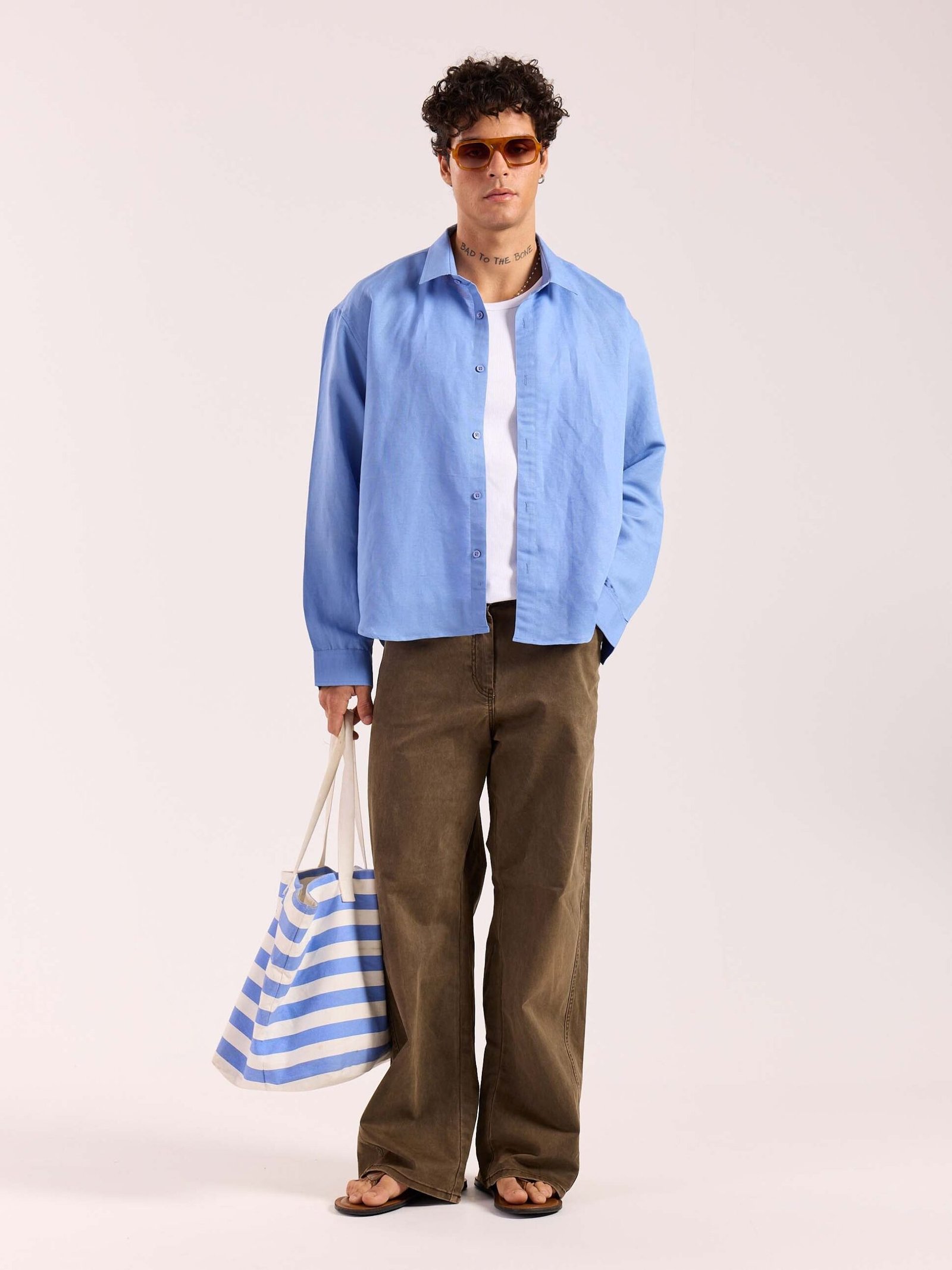 Dark Dusty Blue Linen Cropped Shirt