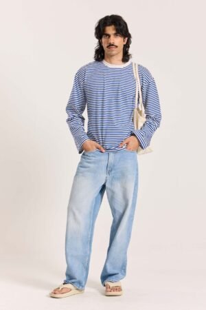 Blue Striped Loose Fit Cropped T-Shirt