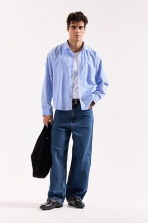 Light Blue Striped Poplin Oversized Shirt