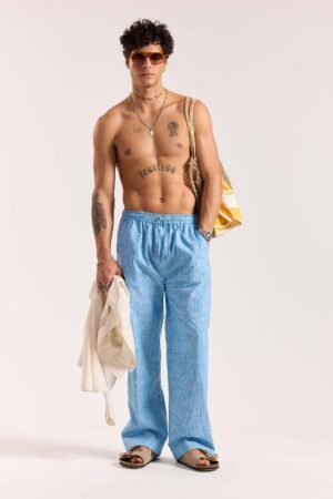 Sky Blue Striped Linen Pull-on Pants
