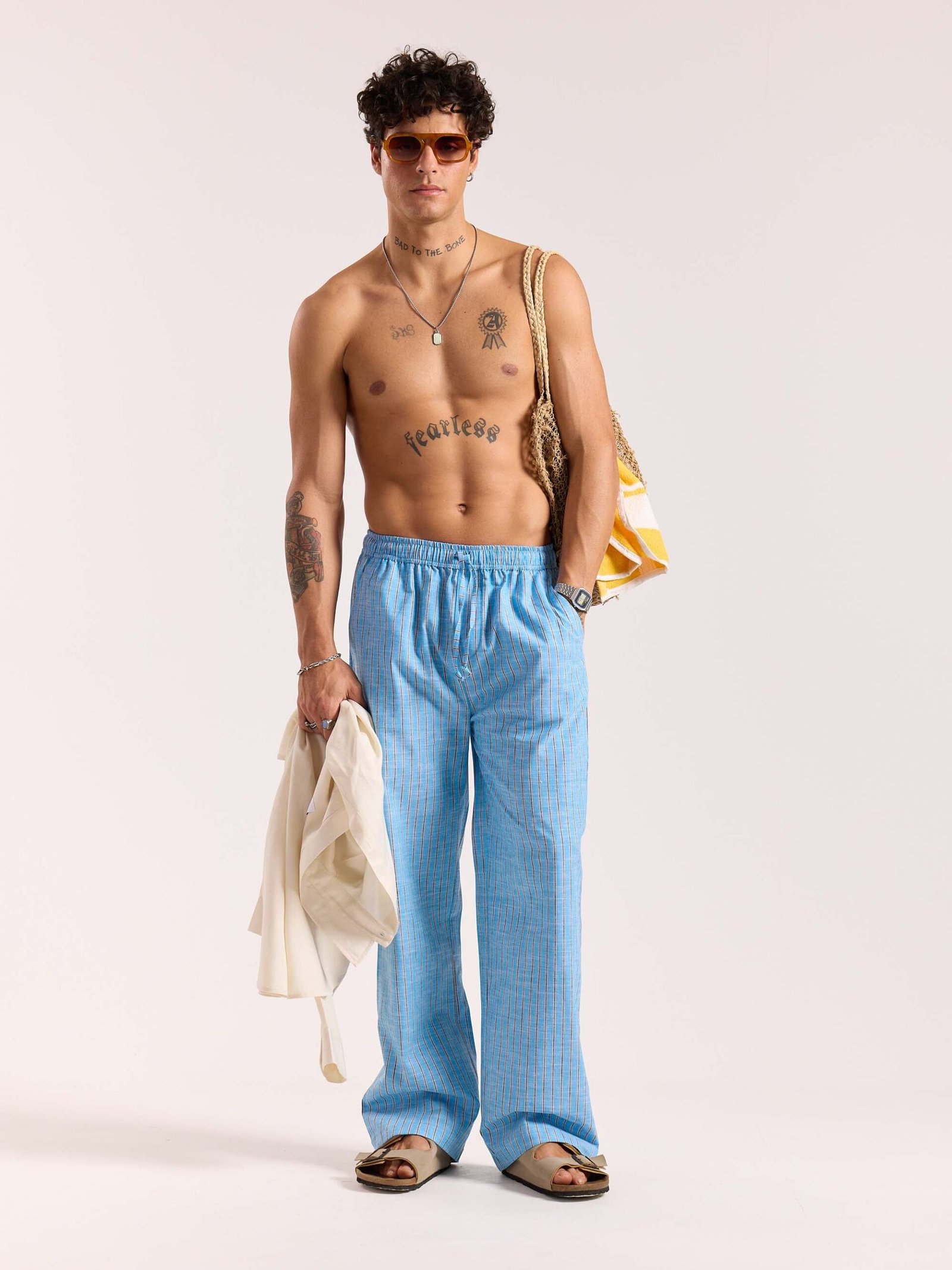 Sky Blue Striped Linen Pull-on Pants