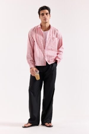 Salmon Pink & Blue Striped Poplin Oversized Shirt