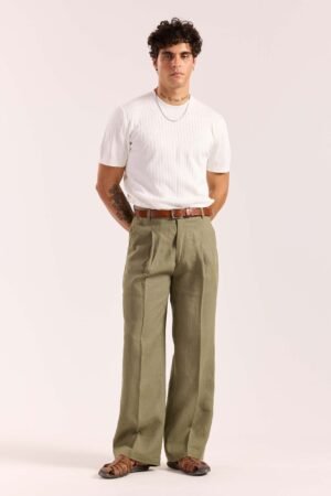 Sage Green Linen Baggy Fit Trousers