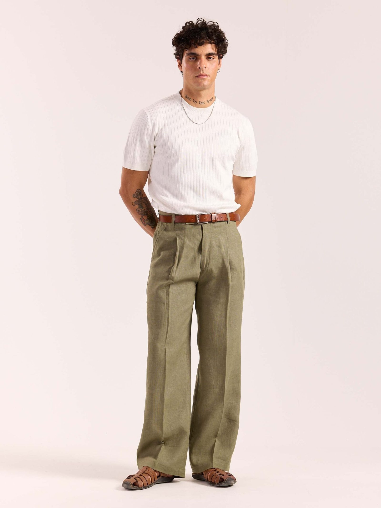 Sage Green Linen Baggy Fit Trousers